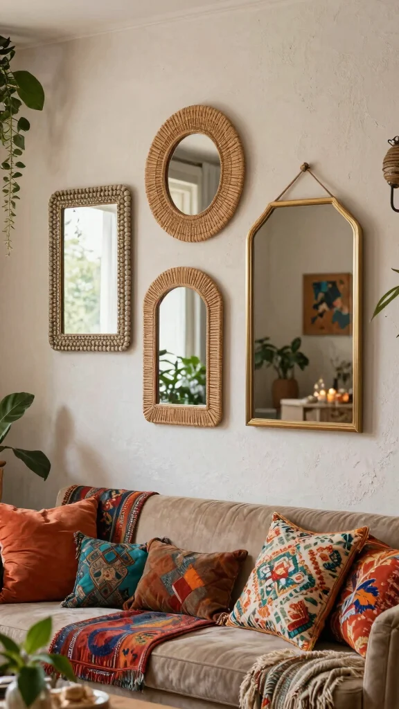 15 Set of 3 Mirrors on Wall Ideas for Balanced Styling - 13. Layered Textures and Colors 1