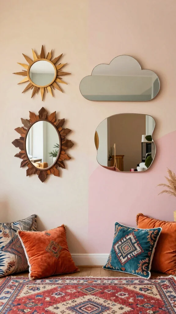 15 Set of 3 Mirrors on Wall Ideas for Balanced Styling - 14. Eclectic Bohemian Shapes 1