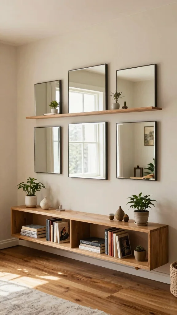 15 Small Mirrors on Wall Ideas for Subtle Decor - 5. Layered Mirrors with Shelves 1