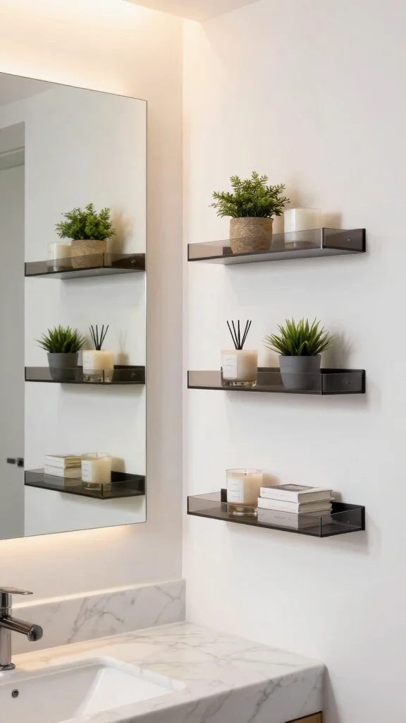 15 Small Mirrors on Wall Ideas for Subtle Decor - 9. Floating Mirror Shelves 1
