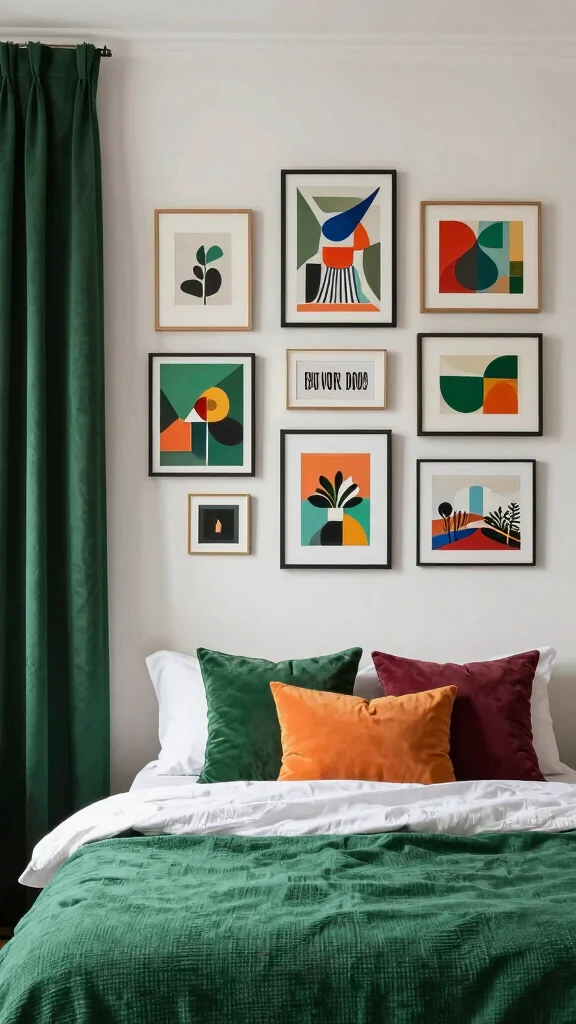 16 Bedroom with Dark Green Curtains Ideas You'll Love - 10. Artistic Flair with Gallery Walls 1