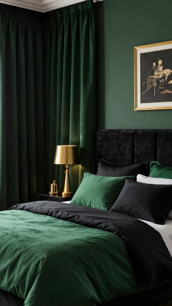 16 Bedroom with Dark Green Curtains Ideas You'll Love - 11. Luxe Black and Green Combo 1