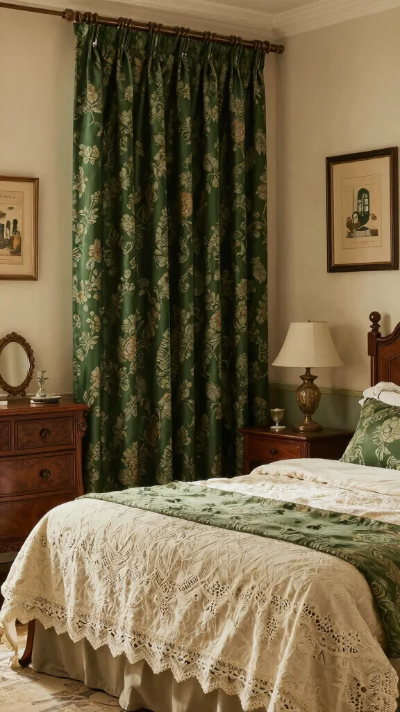 16 Bedroom with Dark Green Curtains Ideas You'll Love - 12. Vintage Charm 1