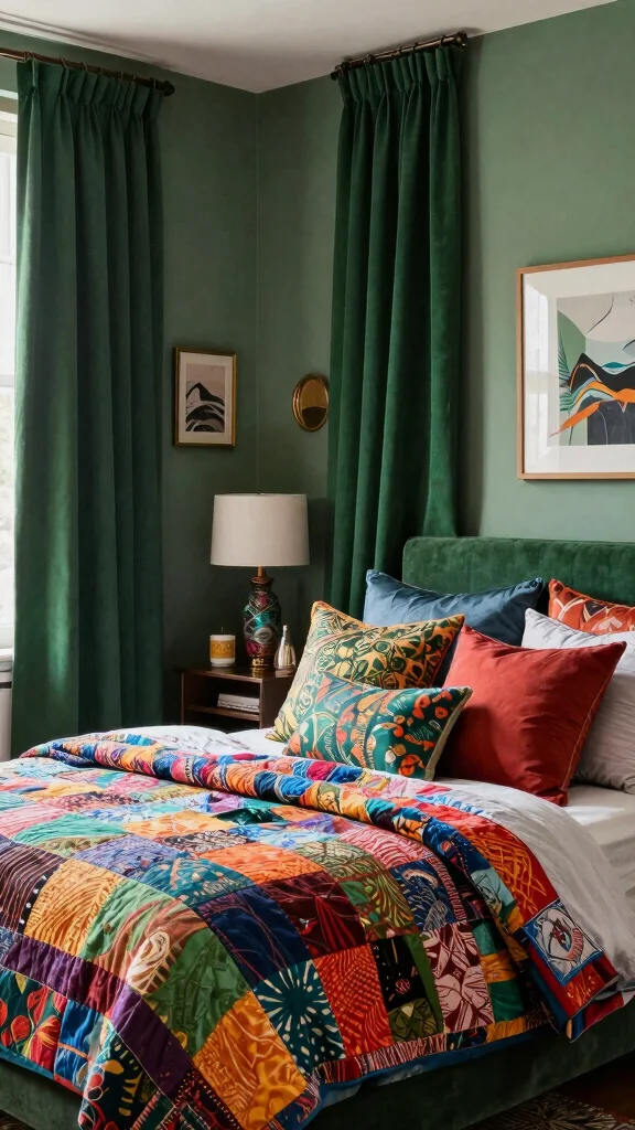 16 Bedroom with Dark Green Curtains Ideas You'll Love - 16. Eclectic Fusion 1