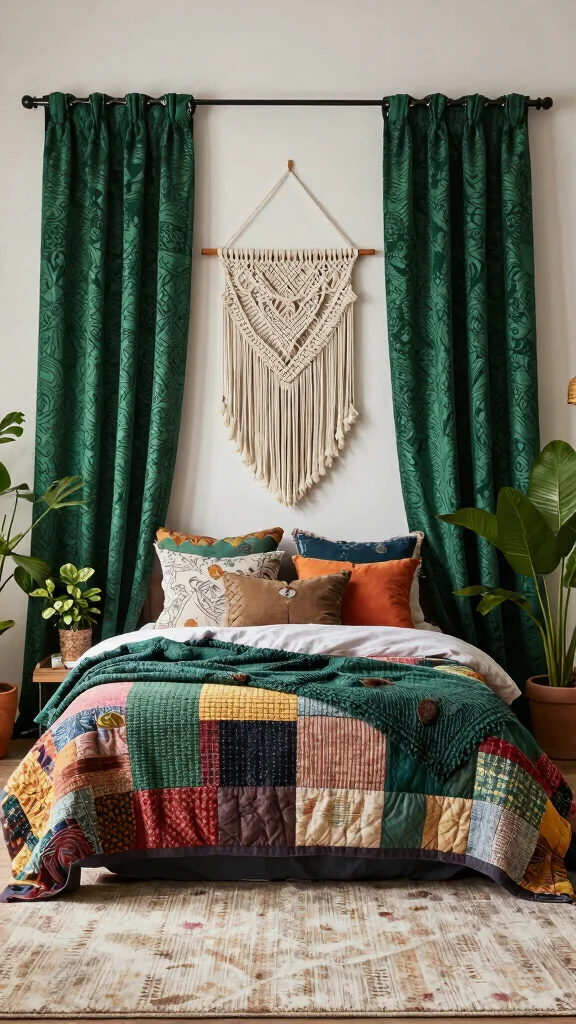 16 Bedroom with Dark Green Curtains Ideas You'll Love - 2. Bohemian Patterns and Textures 1