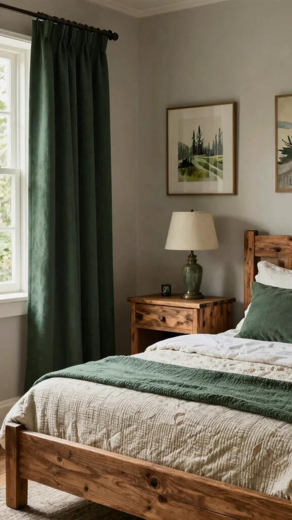 16 Bedroom with Dark Green Curtains Ideas You'll Love - 5. Rustic Charm with Wooden Accents 1