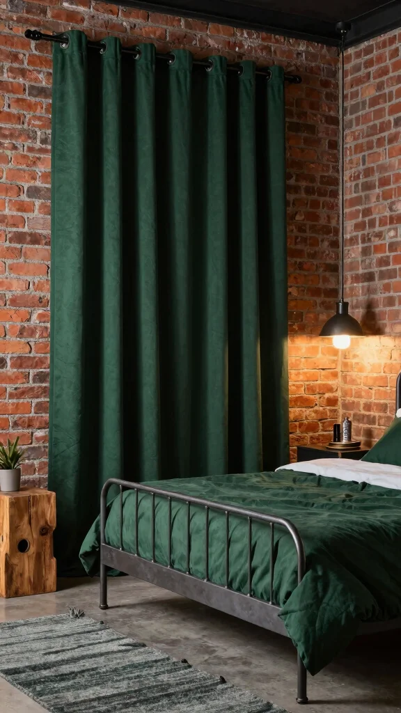 16 Bedroom with Dark Green Curtains Ideas You'll Love - 8. Industrial Chic 1