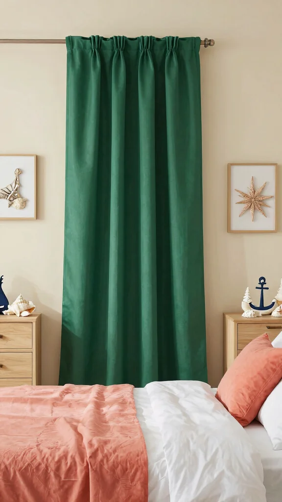 16 Bedroom with Dark Green Curtains Ideas You'll Love - 9. Coastal Inspiration 1
