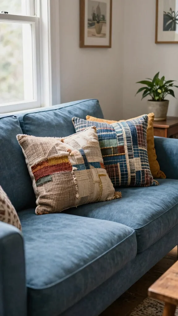 16 Blue Couch Throw Pillows Ideas for a Balanced Palette - 11. Eco-Friendly Recycled Fabrics 1