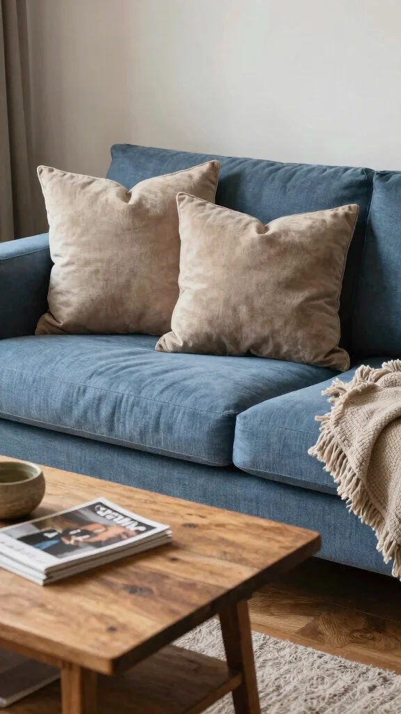 16 Blue Couch Throw Pillows Ideas for a Balanced Palette - 13. Warm Taupe Mix 1
