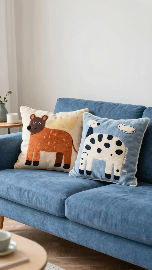 16 Blue Couch Throw Pillows Ideas for a Balanced Palette - 14. Whimsical Animal Prints 1