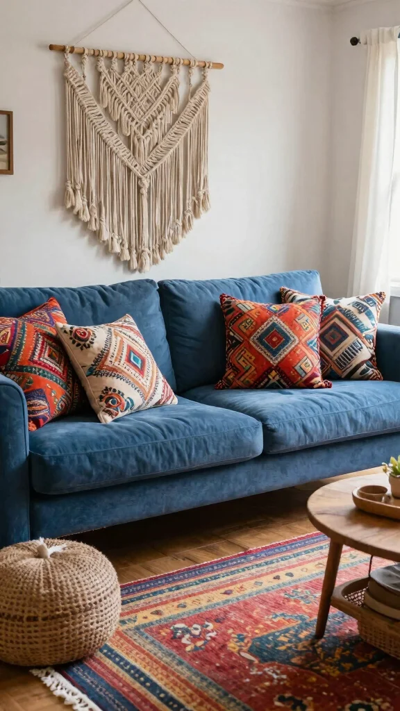 16 Blue Couch Throw Pillows Ideas for a Balanced Palette - 3. Patterned Bohemian Flair 1