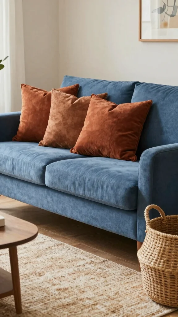 16 Blue Couch Throw Pillows Ideas for a Balanced Palette - 6. Warm Rust Accent Pillows 1