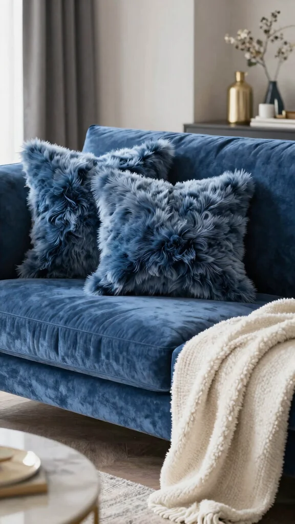 16 Blue Couch Throw Pillows Ideas for a Balanced Palette - 7. Textured Faux Fur 1