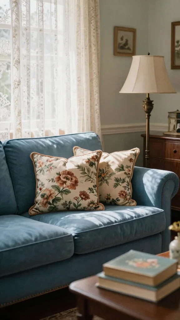 16 Blue Couch Throw Pillows Ideas for a Balanced Palette - 9. Vintage Floral Touch 1