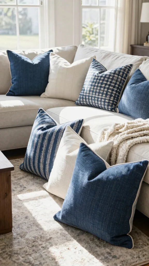 16 Blue and White Throw Pillows Ideas for a Coastal Look - 12. Throw Pillow Mixology 1