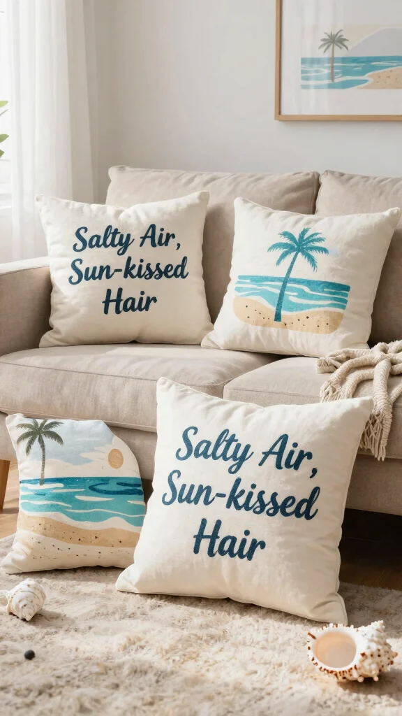 16 Blue and White Throw Pillows Ideas for a Coastal Look - 16. Beachy Quotes 1