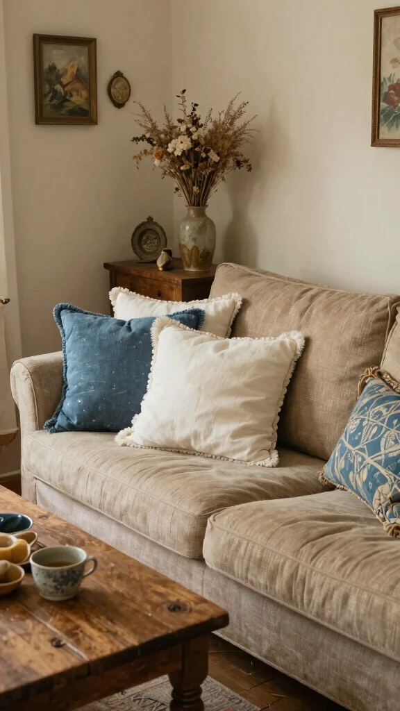 16 Blue and White Throw Pillows Ideas for a Coastal Look - 9. Vintage Finds 1