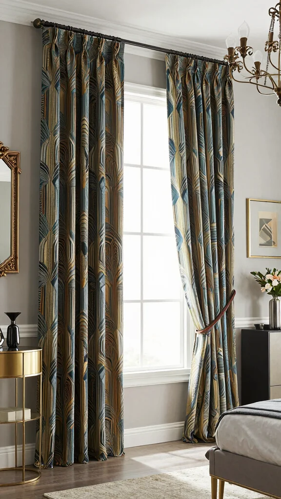 16 Dark Academia Curtains Bedroom Ideas for Moody Interiors - 12. Art Deco Inspired Curtains 1