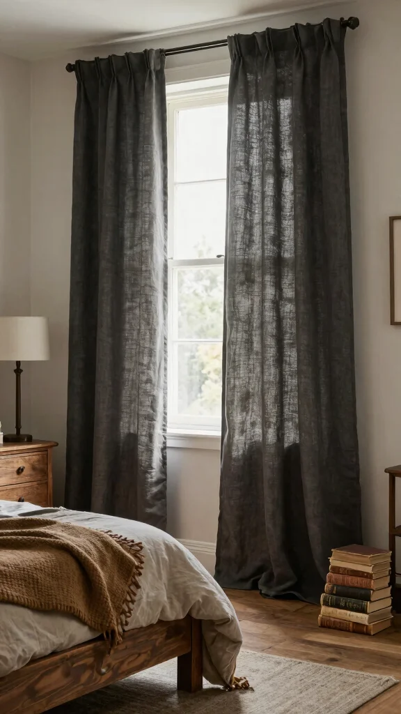 16 Dark Academia Curtains Bedroom Ideas for Moody Interiors - 3. Dark Linen Curtains 1