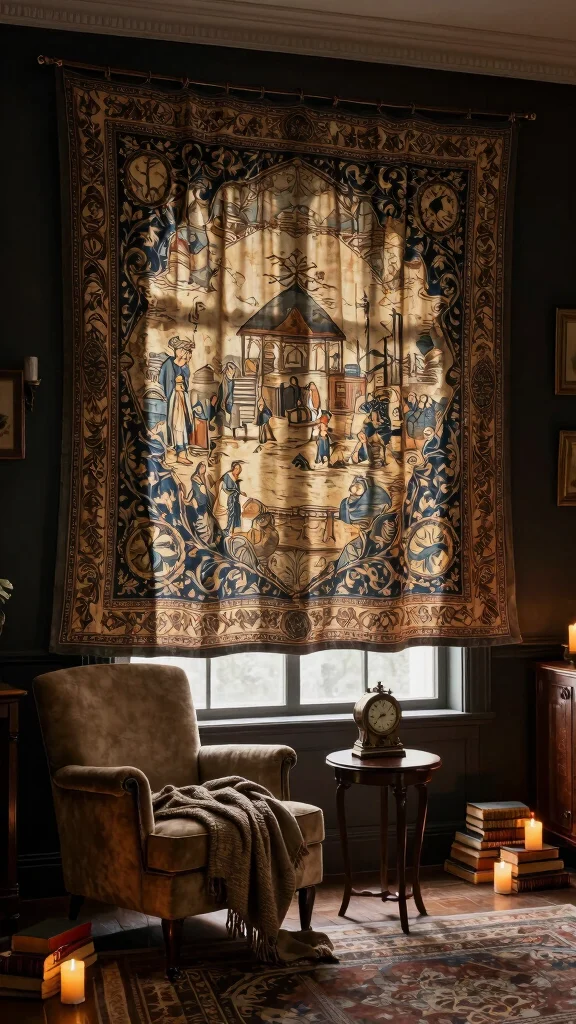 16 Dark Academia Curtains Bedroom Ideas for Moody Interiors - 4. Statement Tapestries as Curtains 1