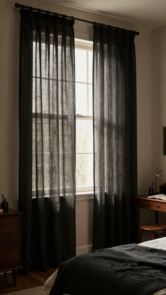 16 Dark Academia Curtains Bedroom Ideas for Moody Interiors - 5. Sheer Black Curtains 1