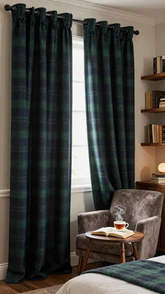16 Dark Academia Curtains Bedroom Ideas for Moody Interiors - 6. Dark Plaid Patterns 1
