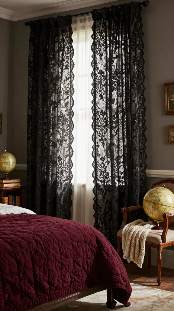 16 Dark Academia Curtains Bedroom Ideas for Moody Interiors - 7. Antique Lace Overlays 1