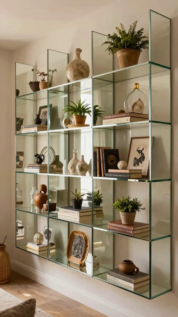 16 Different Mirrors on Wall Ideas for Eclectic Style - 6. Mirrored Shelves 1