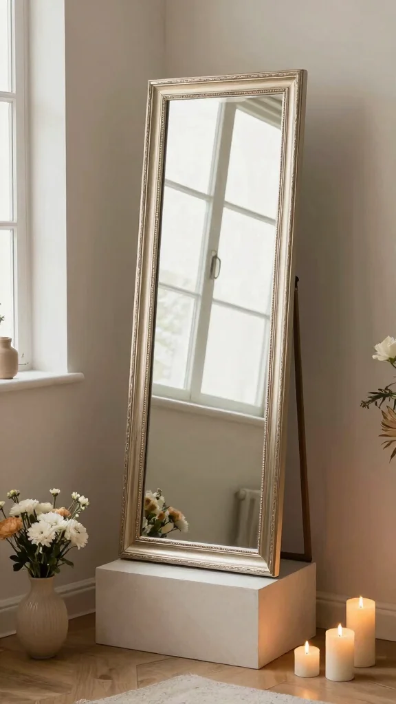 16 Different Mirrors on Wall Ideas for Eclectic Style - 9. Mirror on a Decorative Stand 1