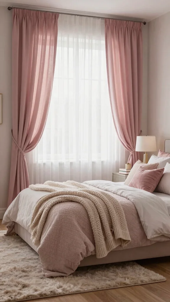 16 Dusty Pink Curtains Bedroom Ideas for a Soft Elegant Feel - 1. Layered Textiles for Depth 1