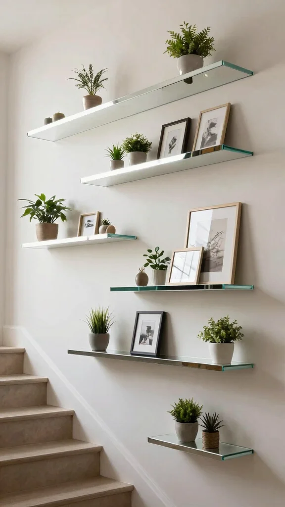 16 Mirrors on Staircase Wall Ideas for a Stylish Transition - 12. Mirrored Floating Shelves 1