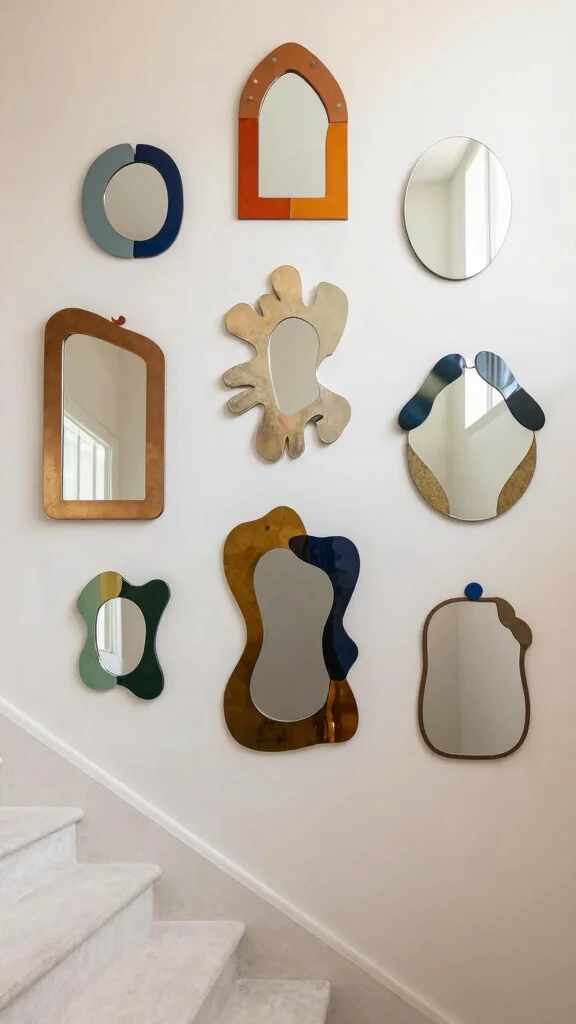 16 Mirrors on Staircase Wall Ideas for a Stylish Transition - 14. Artistic Mirror Shapes 1