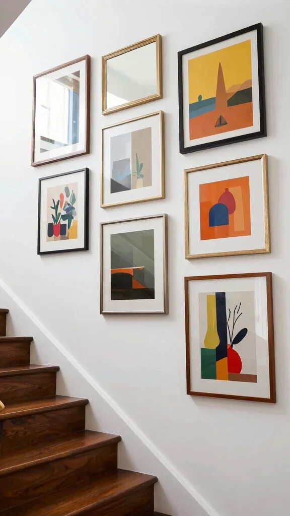 16 Mirrors on Staircase Wall Ideas for a Stylish Transition - 6. Mirror and Art Combo 1