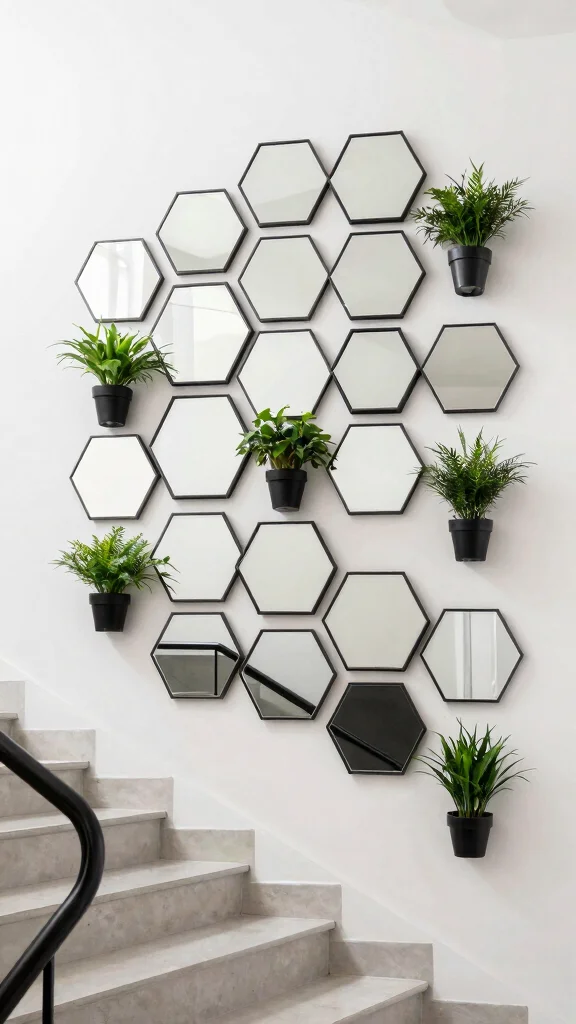 16 Mirrors on Staircase Wall Ideas for a Stylish Transition - 8. Geometric Mirror Arrangements 1