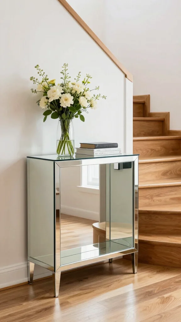 16 Mirrors on Staircase Wall Ideas for a Stylish Transition - 9. Mirrored Accent Tables 1