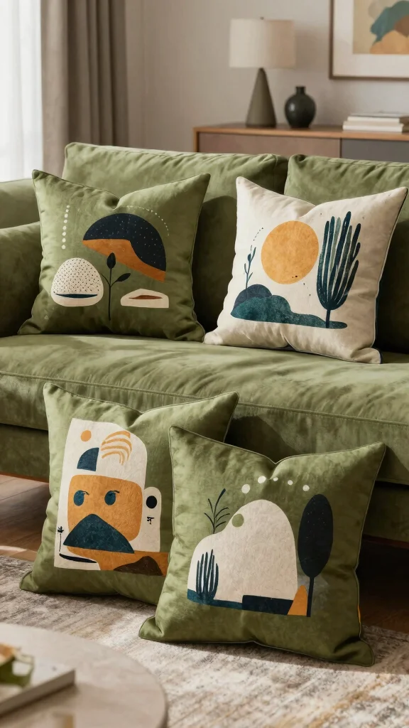 16 Olive Green Throw Pillows Ideas for a Warm Earthy Feel - 10. Artistic Prints 1