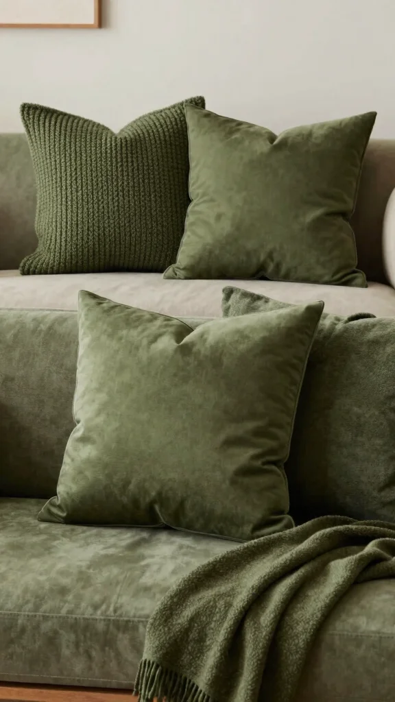 16 Olive Green Throw Pillows Ideas for a Warm Earthy Feel - 8. Layered Textures 1
