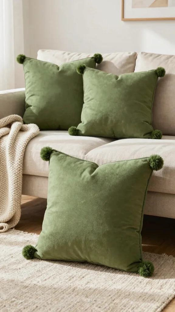 16 Olive Green Throw Pillows Ideas for a Warm Earthy Feel - 9. Playful Pom Poms 1