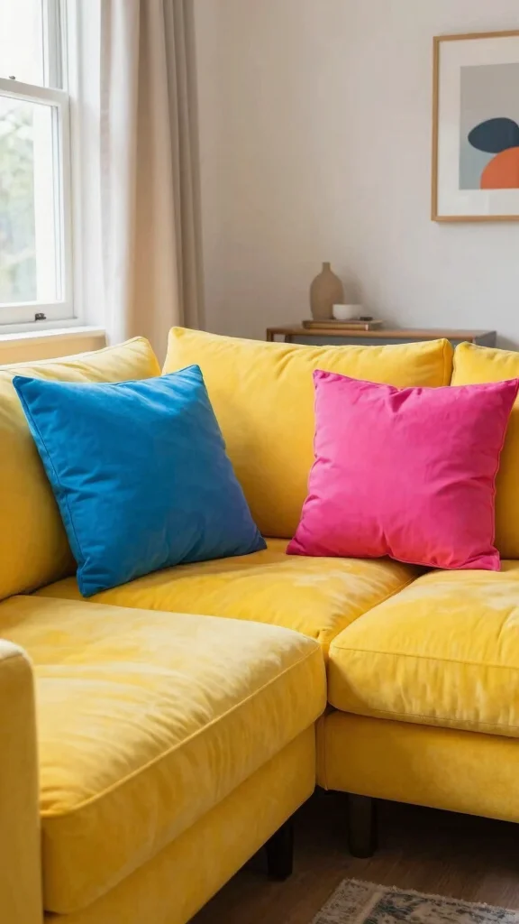 16 Throw Pillows Sectional Couch Ideas for a Cozy Setup - 11. Bright and Bold Colors 1