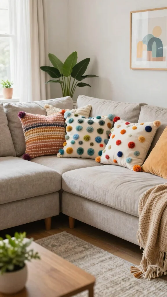 16 Throw Pillows Sectional Couch Ideas for a Cozy Setup - 7. Playful Pom-Poms 1