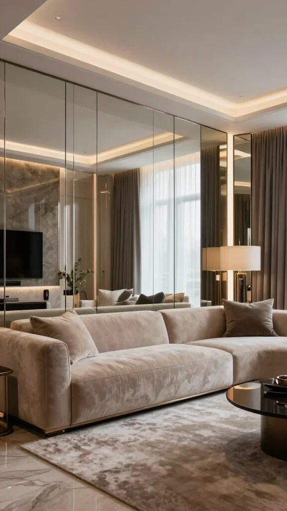 16 Vertical Mirrors on Wall Living Room Ideas for Height - 11. Mirrored Wall Panels for a Luxe Feel 1