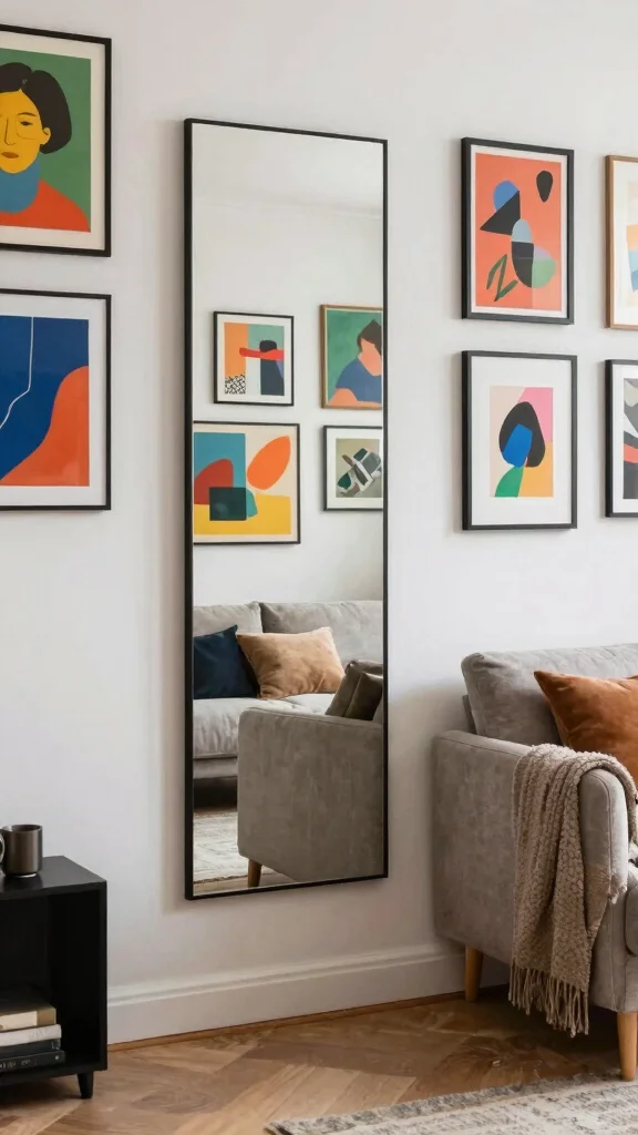 16 Vertical Mirrors on Wall Living Room Ideas for Height - 13. Combining Vertical Mirrors with Artwork 1