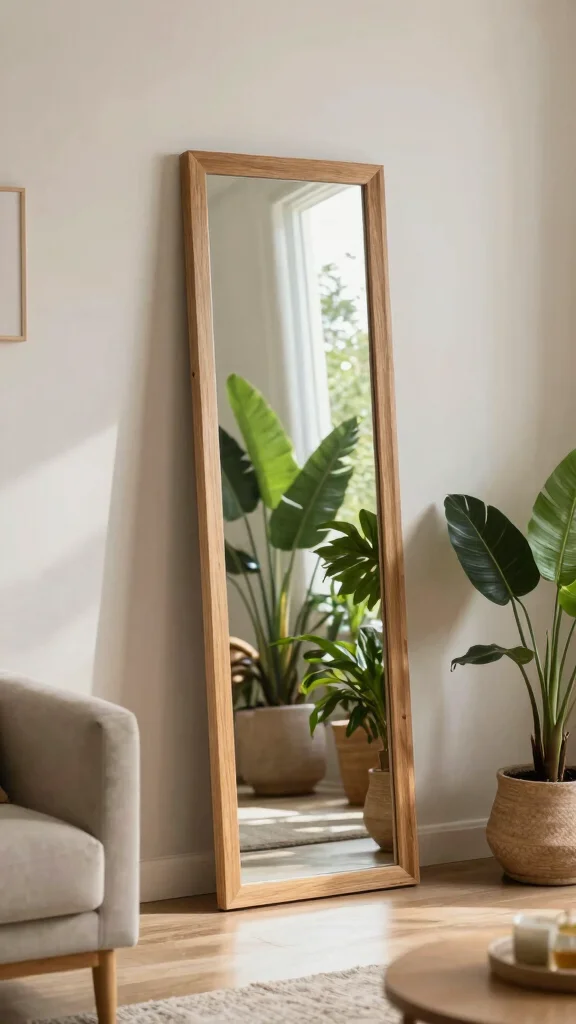 16 Vertical Mirrors on Wall Living Room Ideas for Height - 15. Outdoor-Inspired Mirrors 1