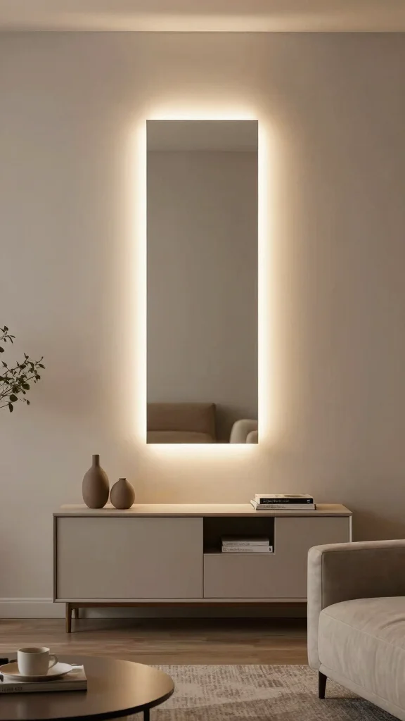 16 Vertical Mirrors on Wall Living Room Ideas for Height - 5. Mirror with Integrated Lighting 1