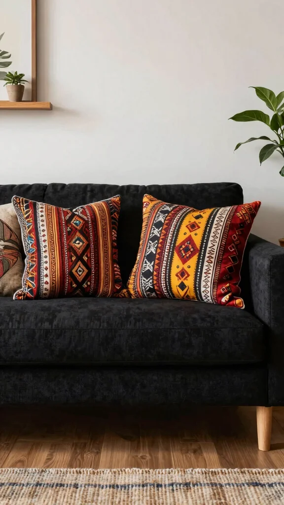 17 Black Couch Throw Pillows Ideas for a Modern Edge - 12. Ethnic Prints 1