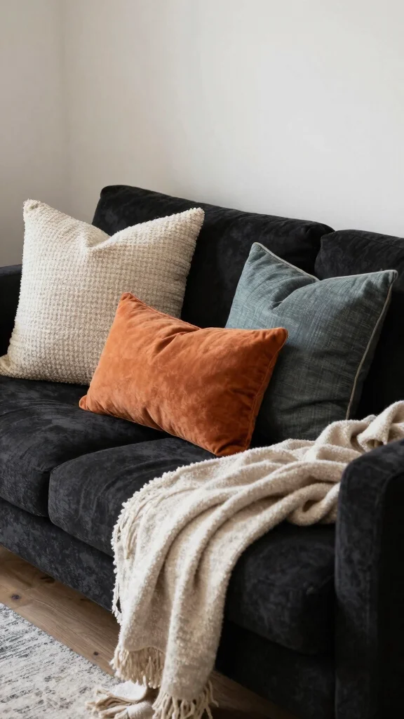 17 Black Couch Throw Pillows Ideas for a Modern Edge - 14. Layered Looks 1