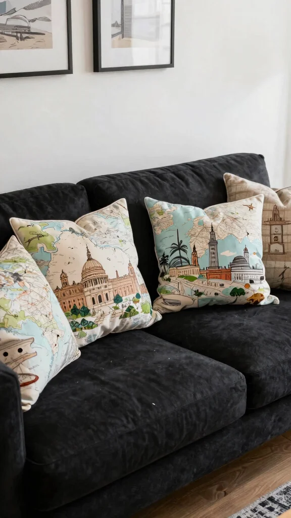 17 Black Couch Throw Pillows Ideas for a Modern Edge - 15. Travel-inspired Designs 1