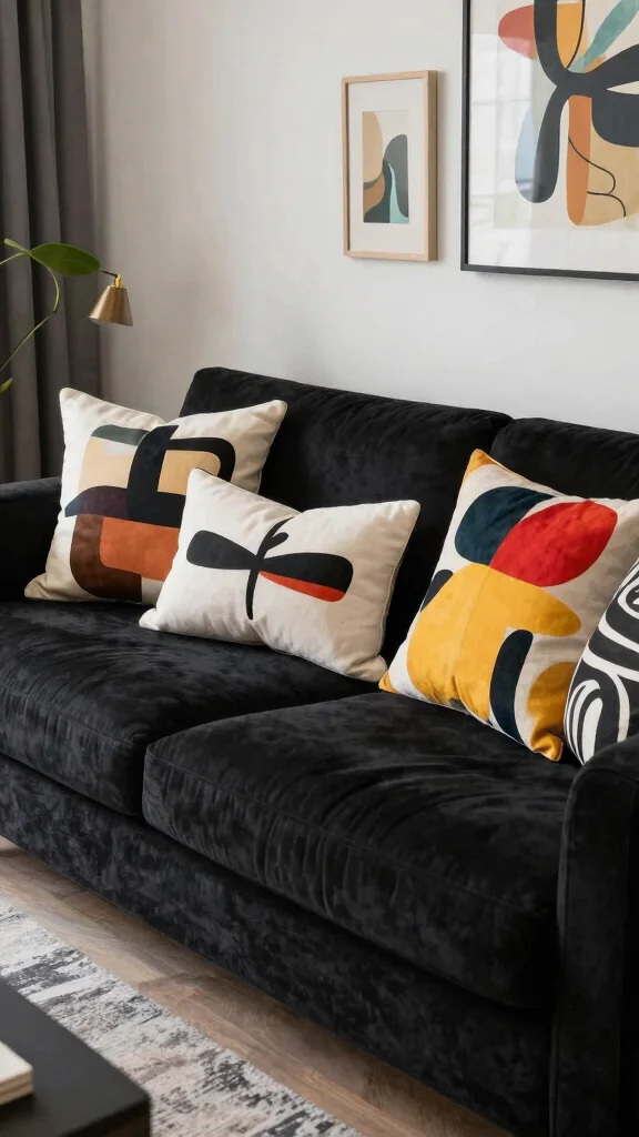 17 Black Couch Throw Pillows Ideas for a Modern Edge - 7. Artistic Touches 1