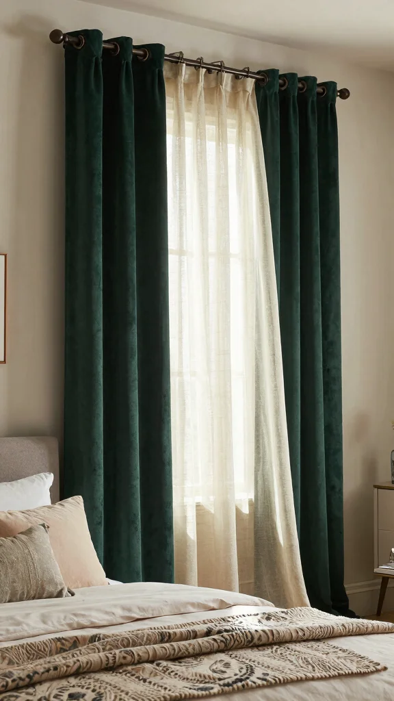 17 Dark Green Curtains Bedroom Ideas for a Cozy Atmosphere - 1. Layered Textures 1